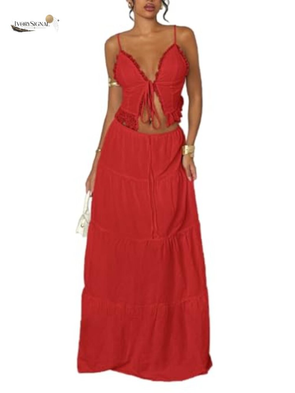 Floerns 2 Piece Outfit Tie Front Camisole Top Tiered Maxi Skirt Set